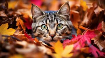 ai gegenereerd foto van een kat genesteld tussen kleurrijk herfst bladeren. generatief ai