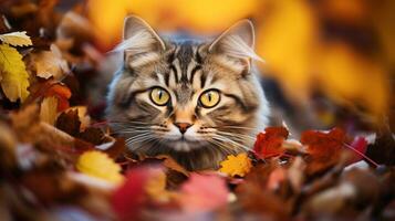 ai gegenereerd foto van een kat genesteld tussen kleurrijk herfst bladeren. generatief ai