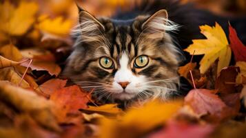 ai gegenereerd foto van een kat genesteld tussen kleurrijk herfst bladeren. generatief ai