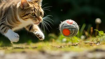 ai gegenereerd foto van een kat batting Bij een speelgoed- muis in een speels. generatief ai