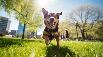 ai gegenereerd foto van een gelukkig hond spelen halen in een levendig stedelijk. generatief ai