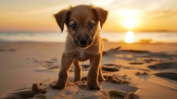 ai gegenereerd foto van een nieuwsgierig puppy verkennen een zanderig strand Bij zonsondergang. generatief ai