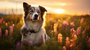 ai gegenereerd foto van een vorstelijk hond poseren in een veld- van wilde bloemen. generatief ai