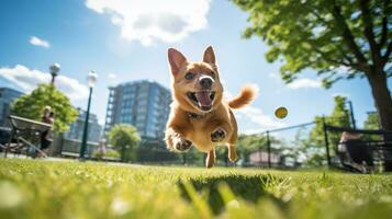 ai gegenereerd foto van een gelukkig hond spelen halen in een levendig stedelijk. generatief ai