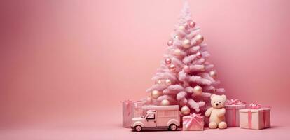 ai gegenereerd gegenereerd beeld Kerstmis roze achtergrond met nieuw jaar boom en geschenk speelgoed, Kerstmis geschenk doos, Spar boom en decoraties Aan roze indeling. detailopname met kopiëren ruimte. foto