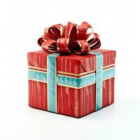 ai gegenereerd rood geschenk doos met een mooi boog, Aan een wit achtergrond. geïsoleerd object, wit achtergrond foto