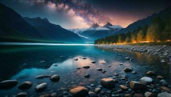 ai gegenereerd majestueus rivier- samengesteld geheel van fonkelend sterren foto