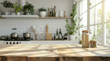 ai gegenereerd modern wit keuken aanrecht, leeg ruimte, minimalistisch ontwerp foto