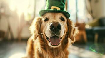 ai gegenereerd schattig honden met elf van Ierse folklore hoeden, st. Patrick dag foto