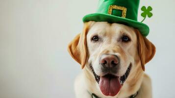 ai gegenereerd schattig honden met elf van Ierse folklore hoeden, st. Patrick dag foto