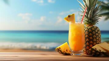 ai gegenereerd tropisch ananas cocktail Aan strand met kopiëren ruimte foto