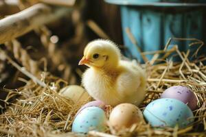 ai gegenereerd een schattig geel kuiken zit behaaglijk in een nest omringd door Pasen eieren, belichamen de essence van de blij vakantie. foto