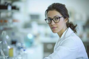 ai gegenereerd een geschoold vrouw wetenschappelijk onderzoeker, versierd in een wit laboratorium jas, Met passie voert experimenten in een op het randje laboratorium. foto