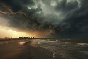 ai gegenereerd onweersbui en storm langs kust, foto vitrines intens macht van natuur met dramatisch weer