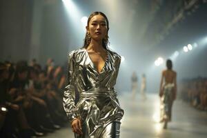 ai gegenereerd in de spotlight Bij hoog mode week, de Aziatisch mode model- stutten de landingsbaan in verbijsterend metalen zilver kleding foto