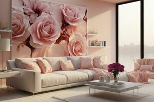 ai gegenereerd in deze elegant leven kamer, de modieus perzik kleur regeling voegt toe een tintje van warmte en dons foto