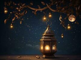 ai gegenereerd Ramadan lantaarn met halve maan maan Aan nacht lucht achtergrond voorraad illustratie foto