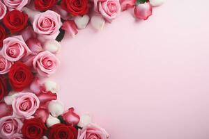 ai gegenereerd rood en roze rozen Aan licht roze achtergrond met kopiëren ruimte. valentijnsdag dag, verjaardag of verjaardag. ai gegenereerd. foto