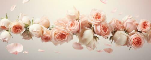 ai gegenereerd bloemen banier met roze rozen en bloemblaadjes vliegend Aan licht pastel achtergrond. ai gegenereerd. foto