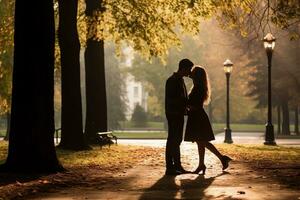 ai gegenereerd paar in liefde wandelen in de park en kussen. ai gegenereerd. foto