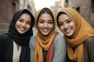 ai gegenereerd mooi groep van moslims Dames glimlachen en lachend vervelend een hijab en versierd sjaal foto