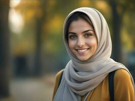 ai gegenereerd mooi moslim vrouw glimlachen en lachend vervelend een hijab en versierd sjaal foto
