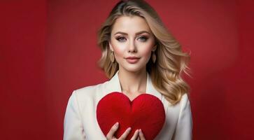 ai gegenereerd viering voor Valentijnsdag dag met mooi jong vrouw houdt een rood hart in haar handen. foto