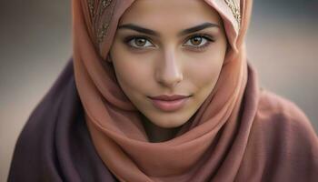 ai gegenereerd mooi moslim vrouw glimlachen en lachend vervelend een hijab en versierd sjaal foto
