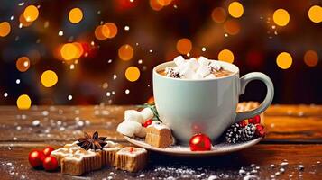 ai gegenereerd Kerstmis stemming, kop van heet chocola met marshmallows Aan een rustiek houten tafel, Aan een wazig achtergrond foto