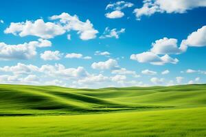 ai gegenereerd weelderig groen heuvels onder een blauw lucht foto