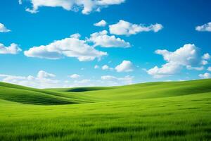 ai gegenereerd voorjaar groen velden en Doorzichtig blauw lucht foto