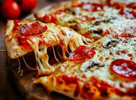 ai gegenereerd plak van heerlijk smakelijk Italiaans pizza Aan een rustiek hout met kaas en peperoni toppings foto