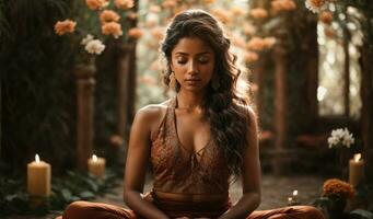 ai gegenereerd mooi geestelijk meditatie in Indisch tempel door aantrekkelijk jong vrouw foto
