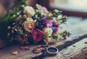 ai gegenereerd diamant bruiloft ringen sieraden en bloemen boeket voor de bruiloft verloving en huwelijksreis foto
