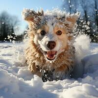 ai gegenereerd hond spelen sneeuw foto
