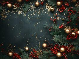ai gegenereerd top naar beneden perspectief van feestelijk Kerstmis decoraties een nieuw jaar backdrop foto