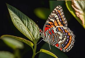 ai gegenereerd een vlinder met blauw en oranje Vleugels is Aan een groen blad foto