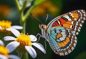 ai gegenereerd een vlinder met blauw en oranje Vleugels is Aan een groen blad foto