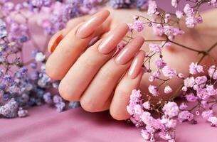 vrouw handen met roze nagel ontwerp houden gypsophila bloemen. foto