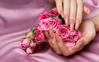 vrouw handen met roze nagel ontwerp houden roze rozen foto
