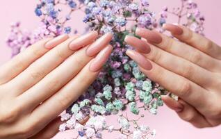 vrouw handen met roze nagel ontwerp houden gypsophila bloemen. foto