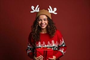 ai gegenereerd portret van een gelukkig jong vrouw in Kerstmis trui met rendier hoorns Holding Cadeau doos geïsoleerd over- rood achtergrond foto