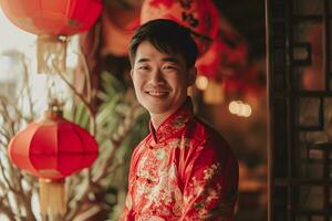 ai gegenereerd beeld van een Aziatisch Mens vervelend rood Bij de Chinese nieuw jaar festival. foto