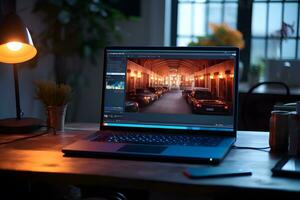 ai gegenereerd laptop Aan een tafel en oranje licht scherm foto