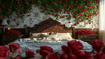 ai gegenereerd klassiek slaapkamer elegantie temidden van romantisch rood rozen foto