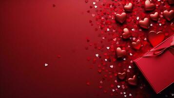 ai gegenereerd Valentijnsdag dag rood harten en geschenk dozen, banier met kopieerruimte, liefde achtergrond concept, blanco ruimte, vlak leggen met ruimte voor tekst foto