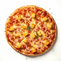 ai gegenereerd top visie van pizza geïsoleerd Aan wit achtergrond. foto voor restaurant menu, reclame, levering, banier