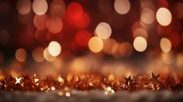 ai gegenereerd feestelijk rood bokeh achtergrond met glinsterende lichten gouden sterren, perfect voor Kerstmis en nieuw jaren vooravond partijen. concept van een oogverblindend vakantie seizoen. foto