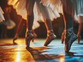 ai gegenereerd ballet dansers en ballerina's het uitvoeren van ballet praktijk in kunst studio en staand in pointe schoenen foto