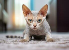 ai gegenereerd devon rex kort haar- kat ras bekend voor haar hoog oren en sphynx kijken foto